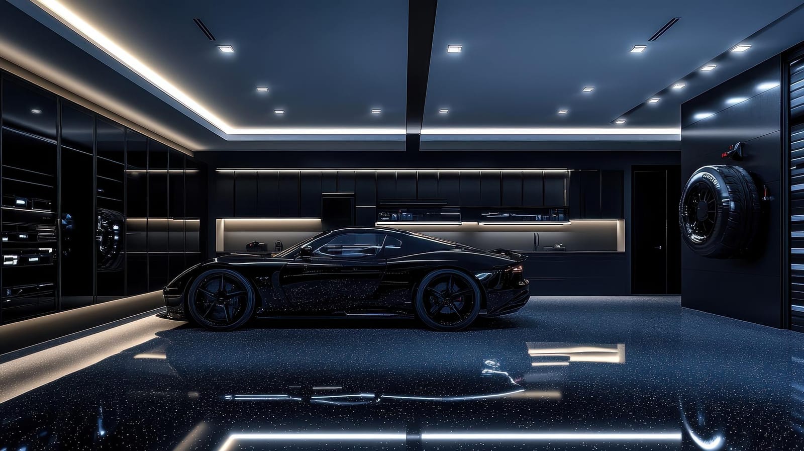 Um superesportivo preto estacionado em uma garagem de luxo escura.